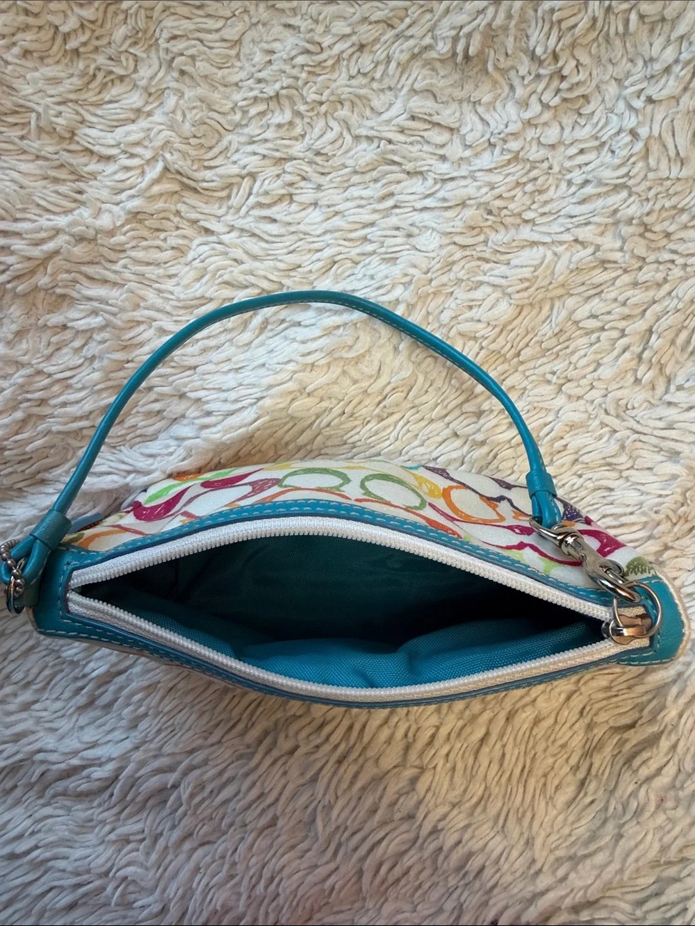 Vintage Coach Poppy Scribble Wristlet/Clutch~Aqua Leather/Soft Canvas
